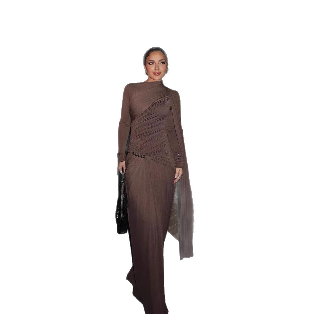 Women's figure-hugging evening dress with asymmetrical draping, gathered bodice and long draped bow Amarae
