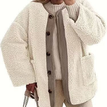 Ladies Comfortable Teddy Jacket with Button Closure and Loose Fit Lune London