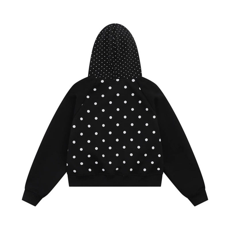 Women's hooded sweatshirt jacket with ruffled hood, polka dot pattern and decorative bows Amarae