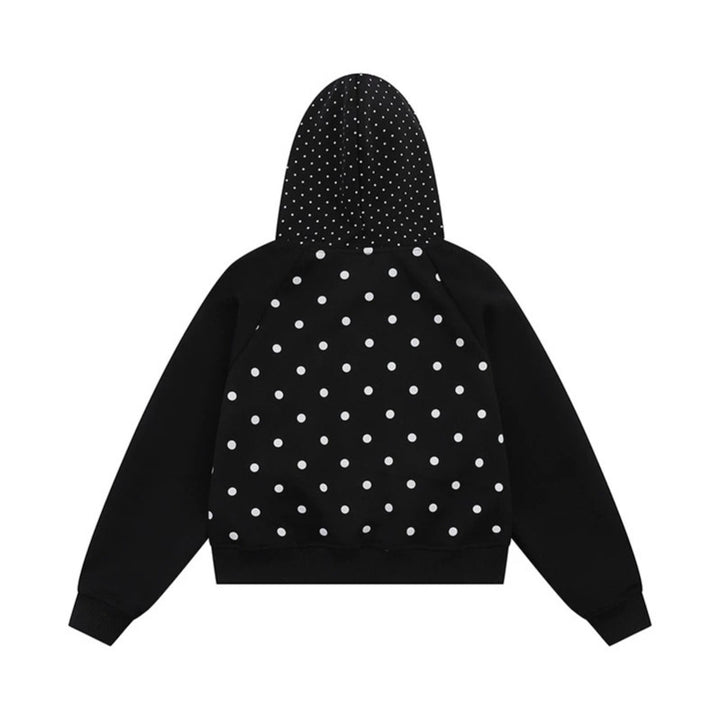 Women's hooded sweatshirt jacket with ruffled hood, polka dot pattern and decorative bows Amarae
