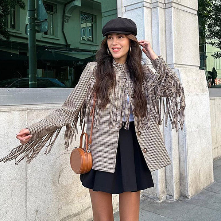 Women's short blazer with fringe and houndstooth pattern Amarae