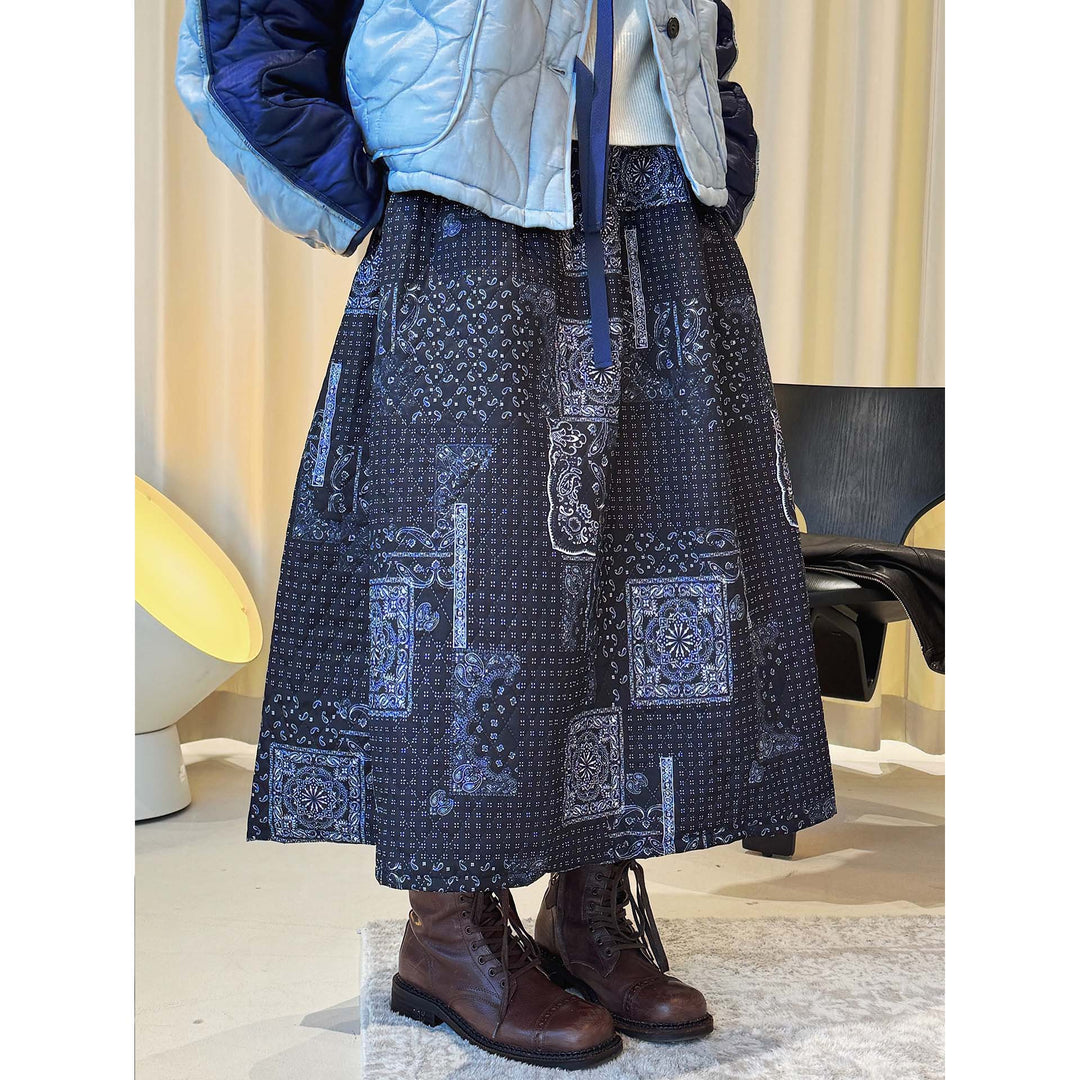 Women's Loose Midi Skirt with Patchwork Bandana Print and Elastic Waistband Amarae