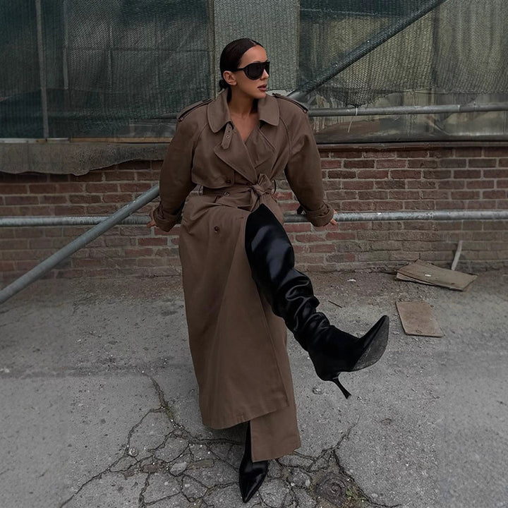 Women's Maxi Length Trench Coat with Emphasized Shoulder Section, Double Button Placket and Tie Belt Amarae