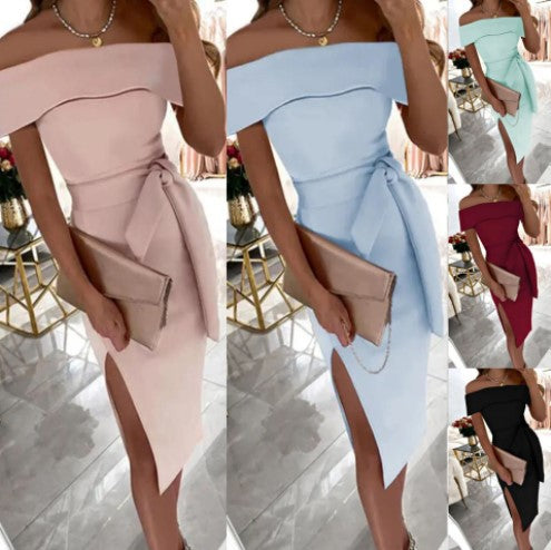 Elegant bodycon dress for women with off-shoulder design, side slit and bow detail Amarae