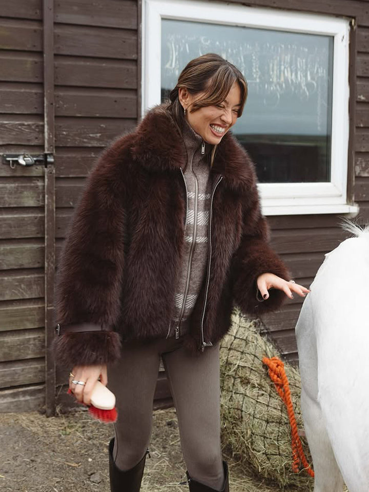 Women's Short Voluminous Faux Fur Bomber Jacket with Zipper and Shawl Collar Amarae