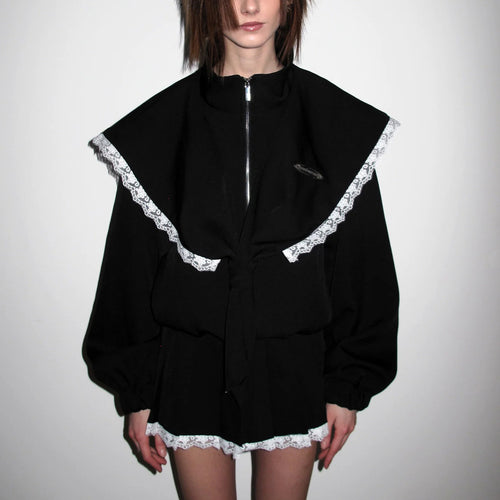 Oversized women's jacket with decorative lace collar and tie belt Amarae