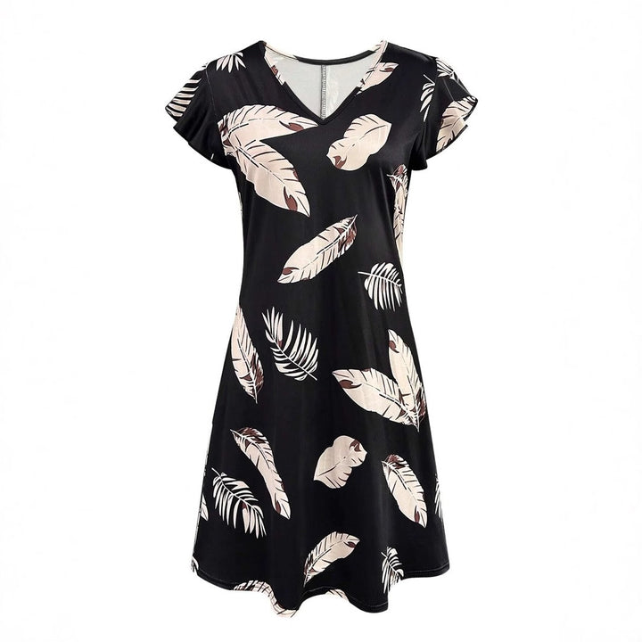 Ladies V-Neck Tropical Print A-Line Dress Lune London