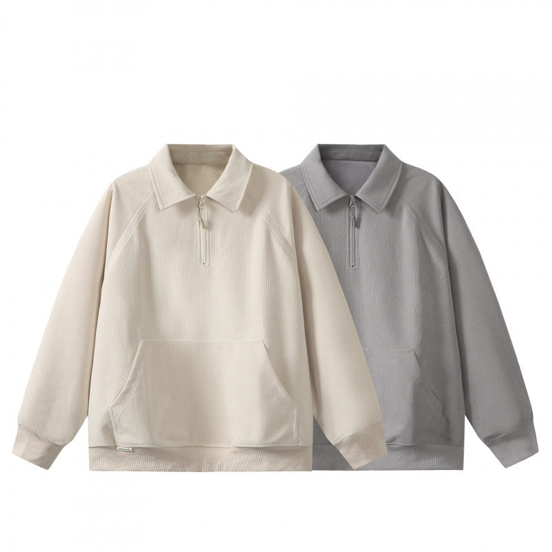 Unisex Oversize Half-zip Sweatshirt with Polo Collar, Waffle Structure and Kangaroo Pocket Amarae