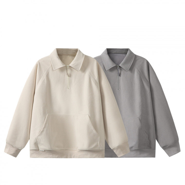 Unisex Oversize Half-zip Sweatshirt with Polo Collar, Waffle Structure and Kangaroo Pocket Amarae