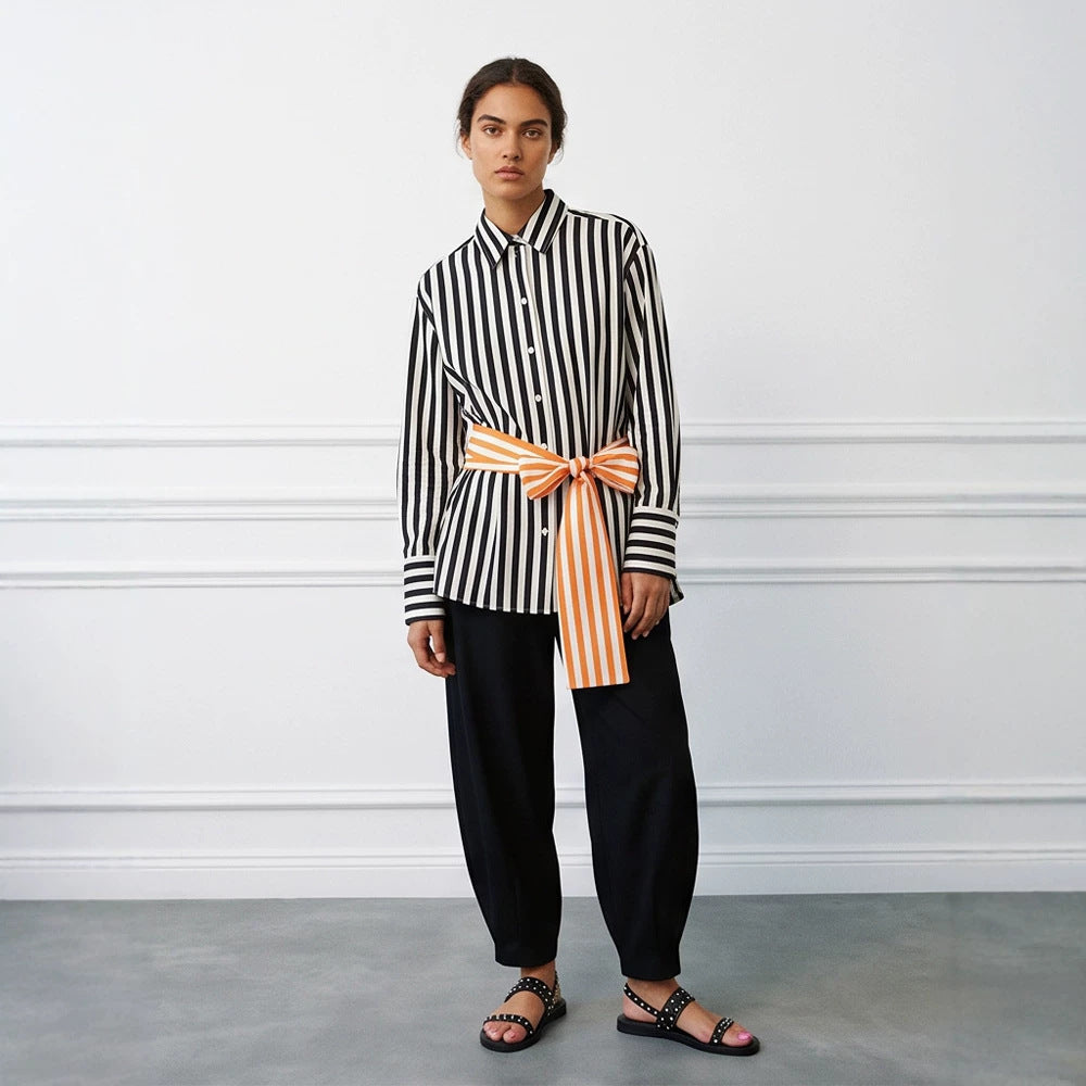 Women Vertical Striped Oversize Shirt Blouse with Boxy Silhouette and Tie Belt Amarae