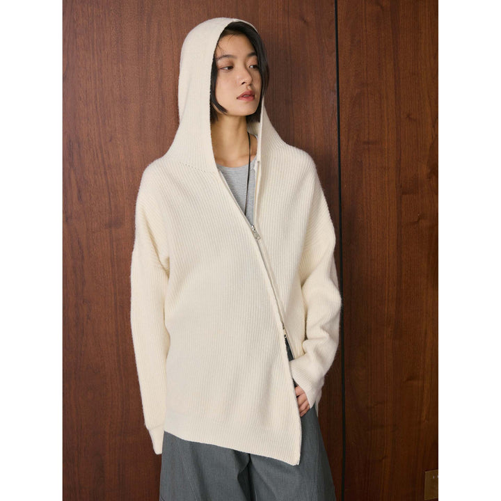 Women's Cozy Zip Hoodie Cardigan in Ribbed Knit Mix with Balloon Sleeves Amarae