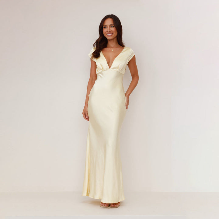 Women's Elegant Maxi Dress with Deep V-Neck and Flowing Satin Finish Lune London