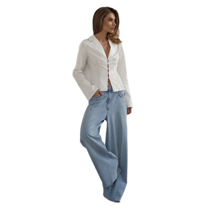 Women's Tailored Poplin Shirt Blouse with Corset Seams & Hook Front Amarae
