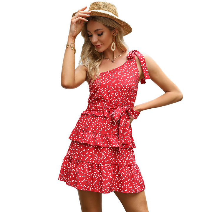 Women Mini Flowy Dress One Shoulder with Adjustable Bow Detail Lune London