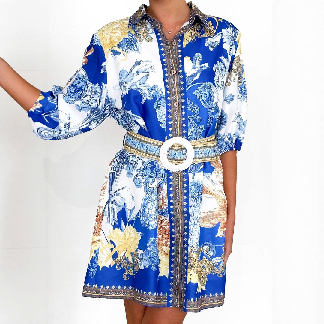 Ladies' blouse dress with floral pattern and waist belt Lune London
