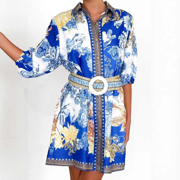 Ladies' blouse dress with floral pattern and waist belt Lune London