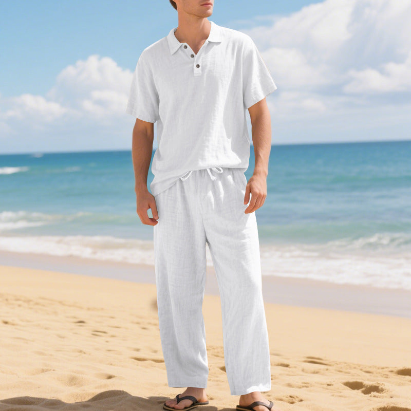 Tenue d'été décontractée pour hommes avec polo en coton de haute qualité à manches courtes et pantalons en lin confortables Lune London