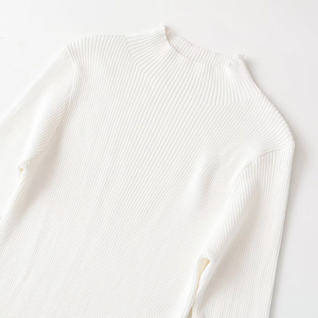 Women's fine knit mini dress with high collar, flared hem, and bell sleeves Amarae