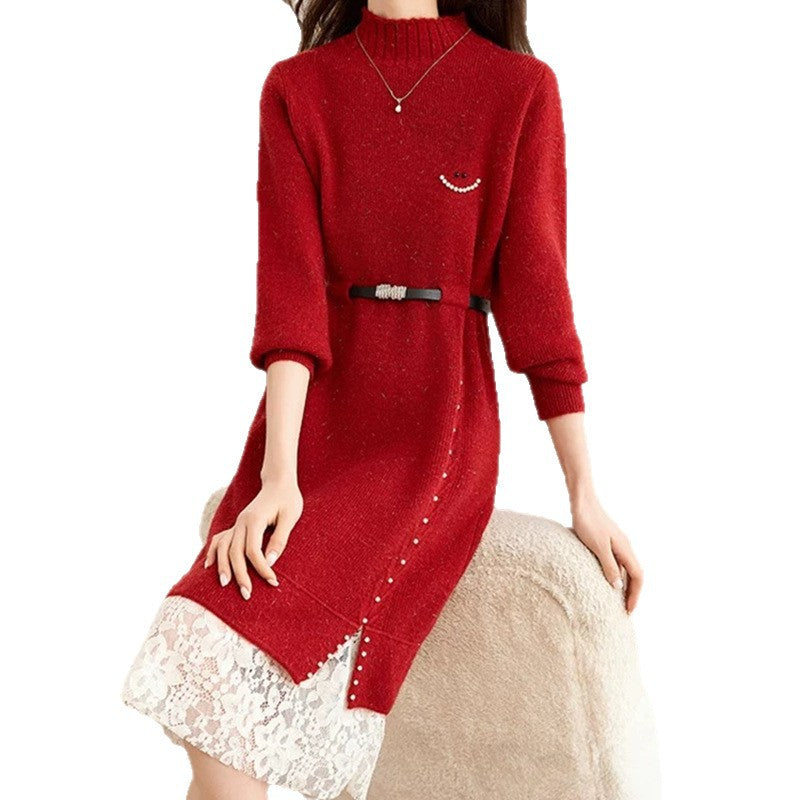 Robe en tricot pour femmes avec un élégant détail en dentelle et une ceinture à la taille Chic & Stil