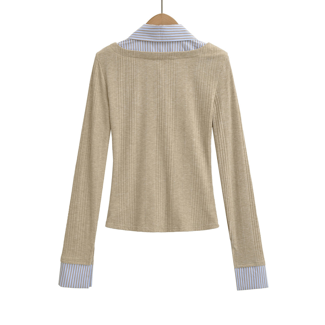 Ladies long sleeve t-shirt with elegant button placket and striped patterns Lune London