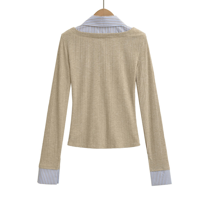 Ladies long sleeve t-shirt with elegant button placket and striped patterns Lune London
