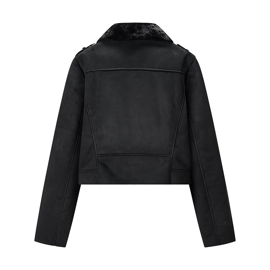 Women's short-cut biker jacket with teddy lining and wide lapel collar Amarae