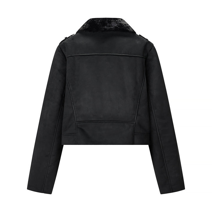 Women's short-cut biker jacket with teddy lining and wide lapel collar Amarae