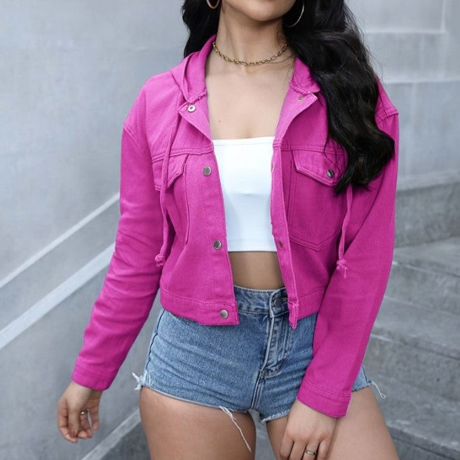 Women's Cropped Denim Jacket with Hood, Snap Button Front and Tailored Fit Amarae