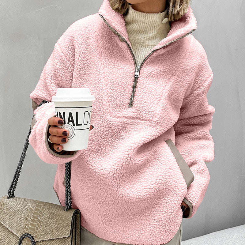 Women's Oversized Sherpa-Fleece Pullover with Half Zipper and Kangaroo Pocket Amarae