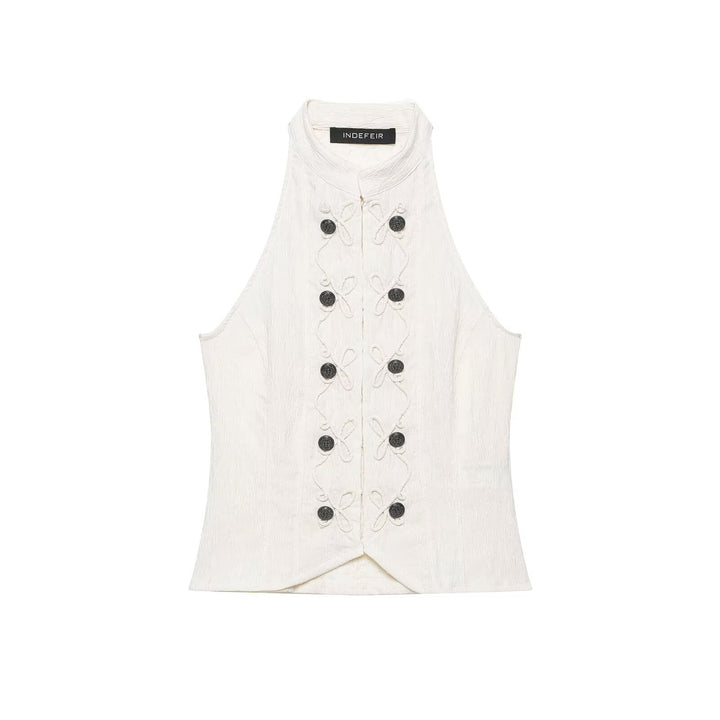 Women's Tailored Vest with Stand-Up Collar and Decorative Frog Closures Amarae