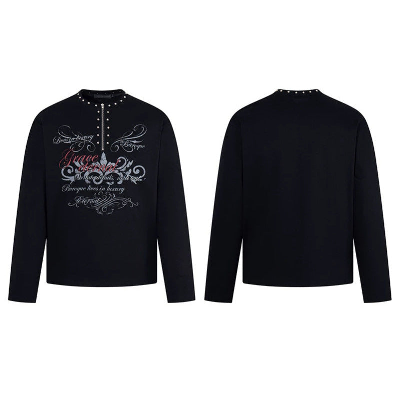 Women's long sleeve shirt with half zipper, studded collar and baroque text print Amarae