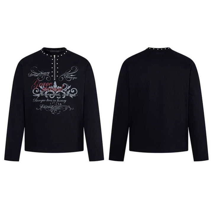 Women's long sleeve shirt with half zipper, studded collar and baroque text print Amarae