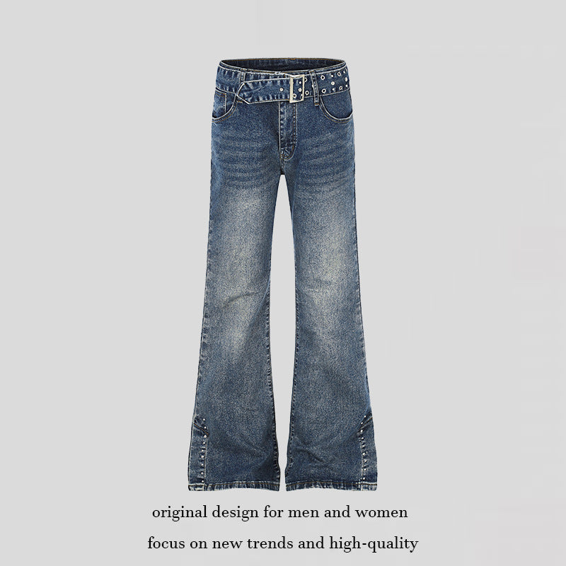 Women's High-Waist Flared Denim Jeans with Studded Detail, Wide Flare and Decorative Belt Amarae