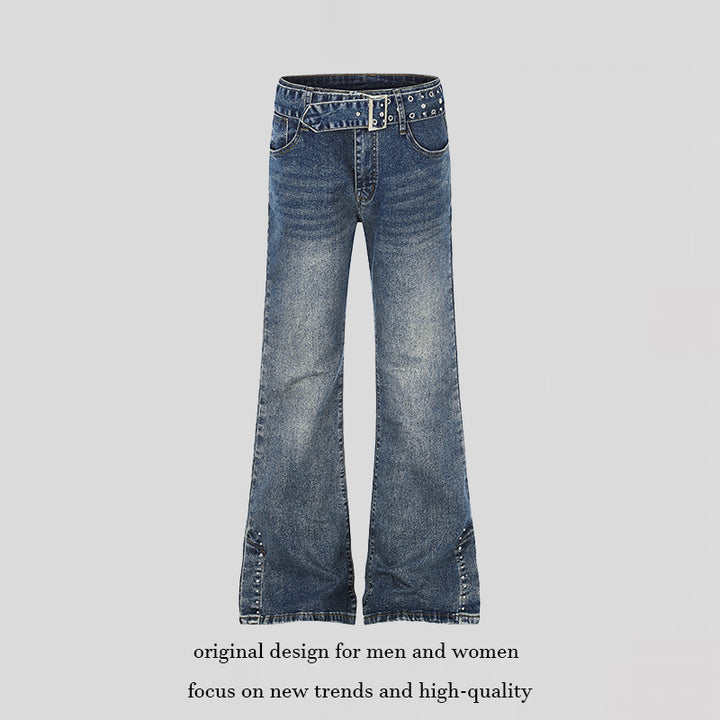 Women's High-Waist Flared Denim Jeans with Studded Detail, Wide Flare and Decorative Belt Amarae