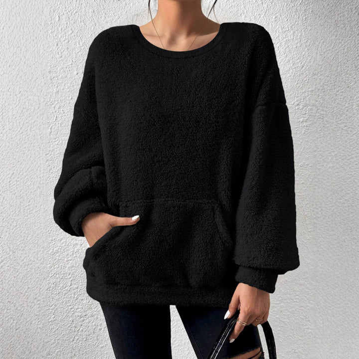 Ladies Cozy Oversized Sherpa Sweater with Kangaroo Pocket and Balloon Sleeves Amarae