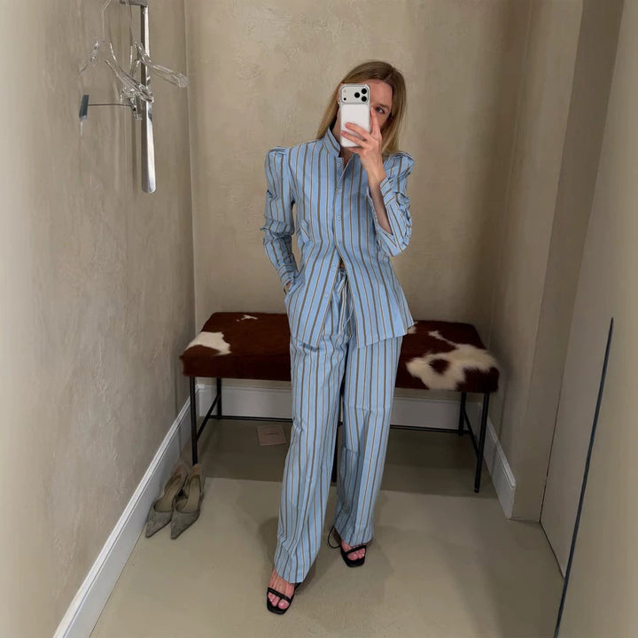 Women's Striped Loungewear Two-Piece Set with Tailored Shirt Blouse and Wide Leg Trousers Amarae