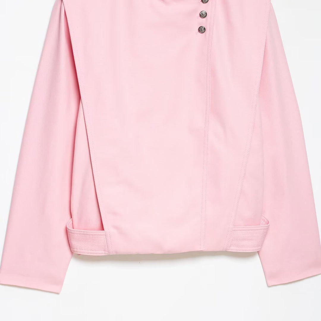 Women's Short Asymmetric Jacket with High Stand-Up Collar and Cape Shoulder Amarae