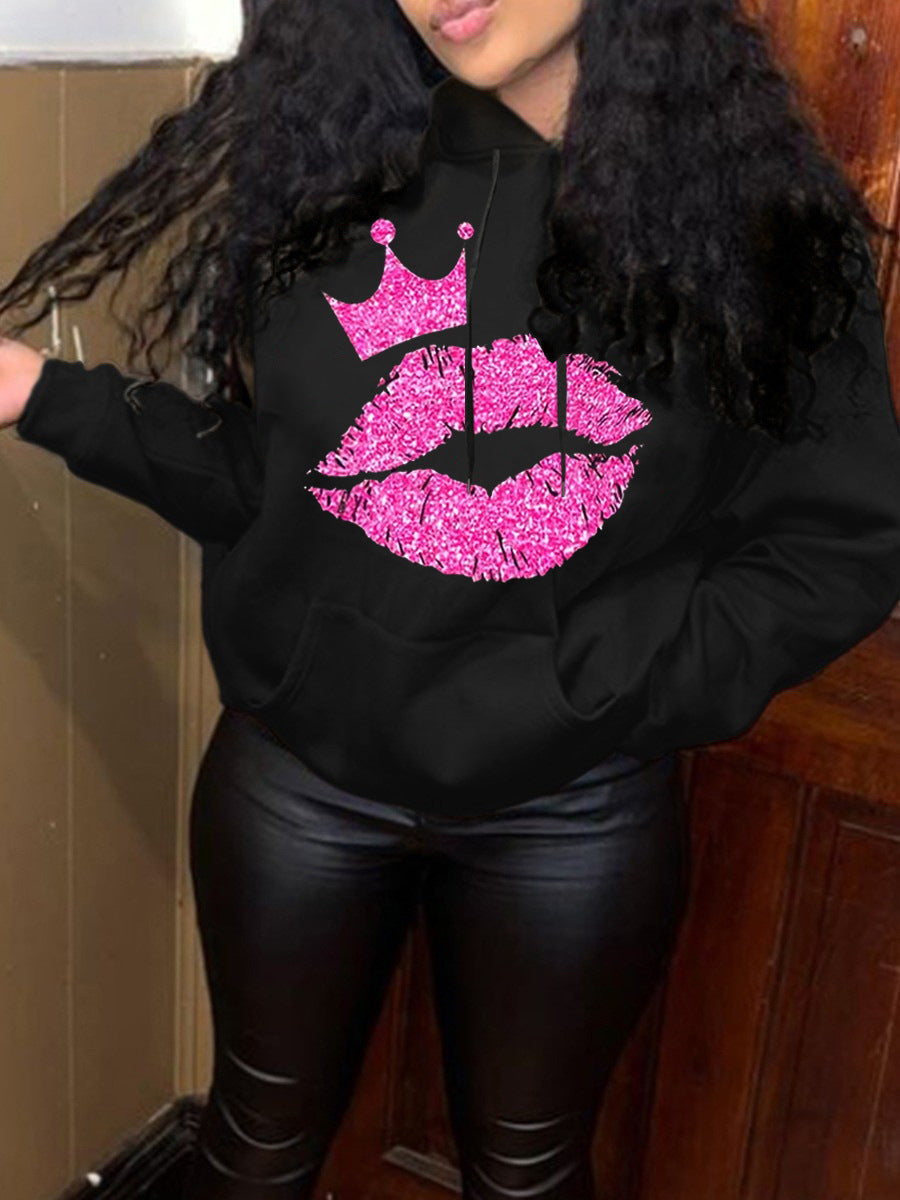 Ladies' hoodie with eye-catching lips pattern and crown Lune London