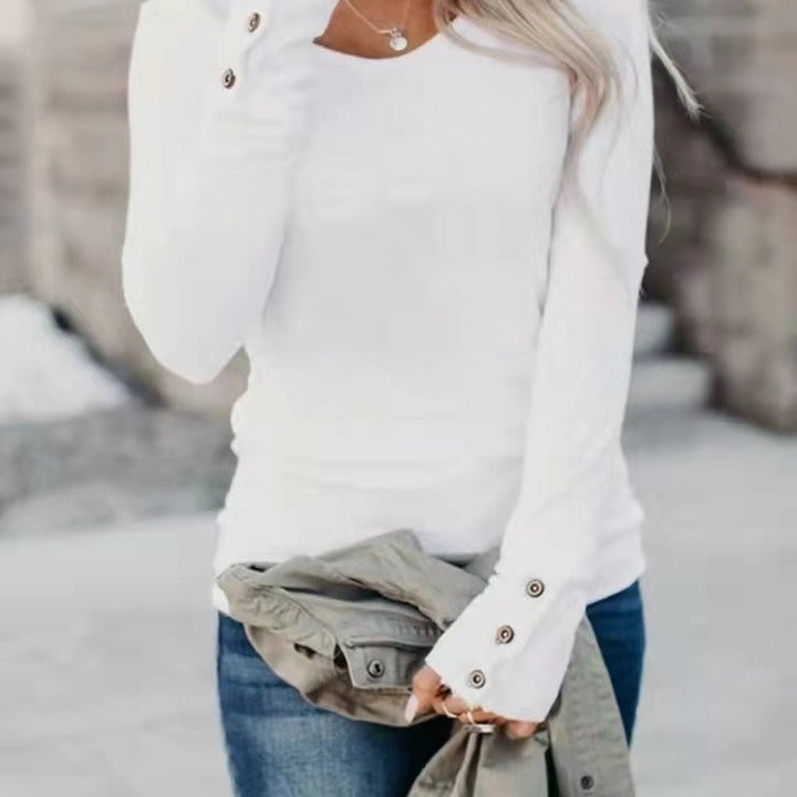 Long sleeve women's T-shirt with decorative buttons and trendy V-neck Lune London