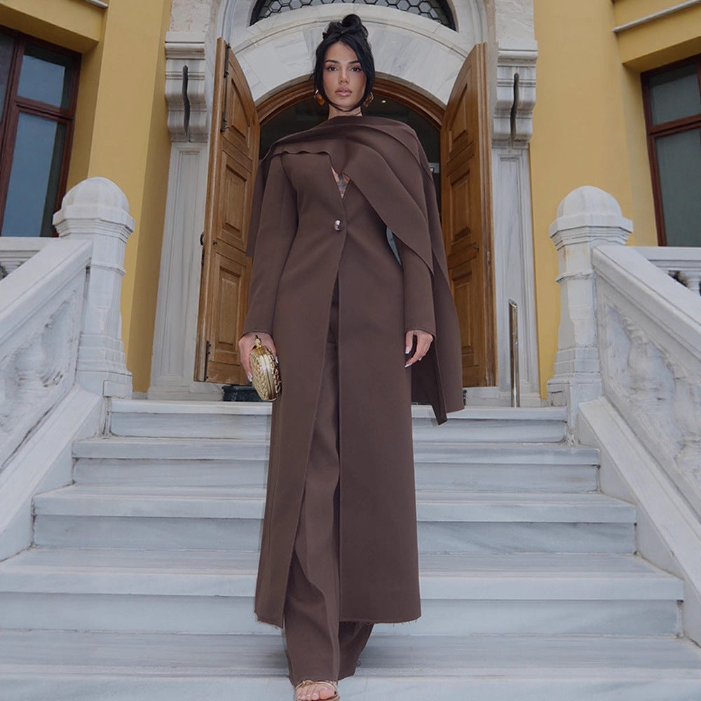 Women Elegant Coat Dress with Cape Shoulder and Tailored Silhouette Amarae