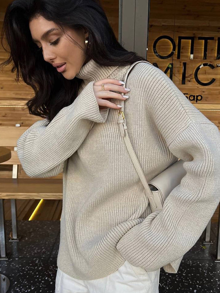 Women Oversized Ribbed Knit Turtleneck Sweater with Extended Cuff Amarae