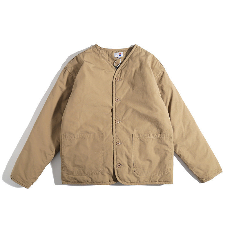 Unisex Lightly Quilted Round Neck Transitional Jacket with Button Placket and Patch Pockets Amarae