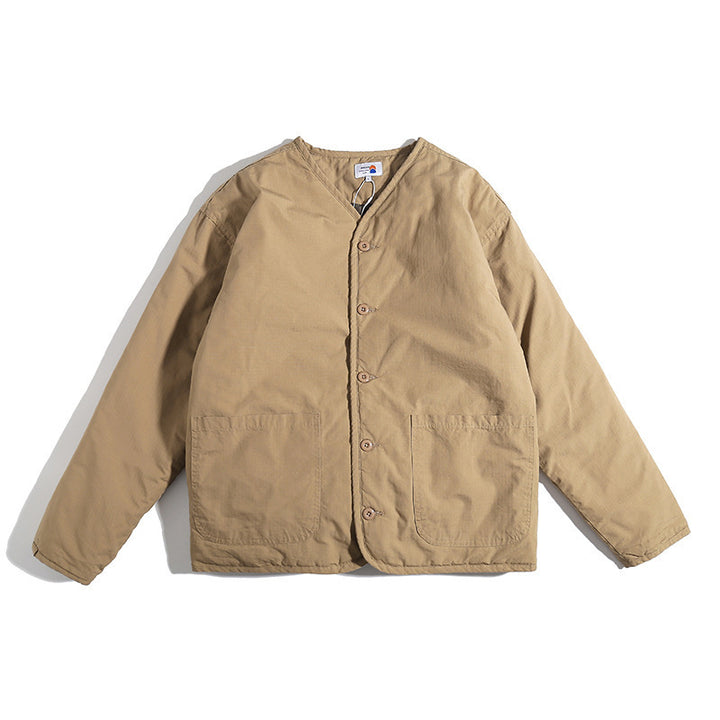 Unisex Lightly Quilted Round Neck Transitional Jacket with Button Placket and Patch Pockets Amarae