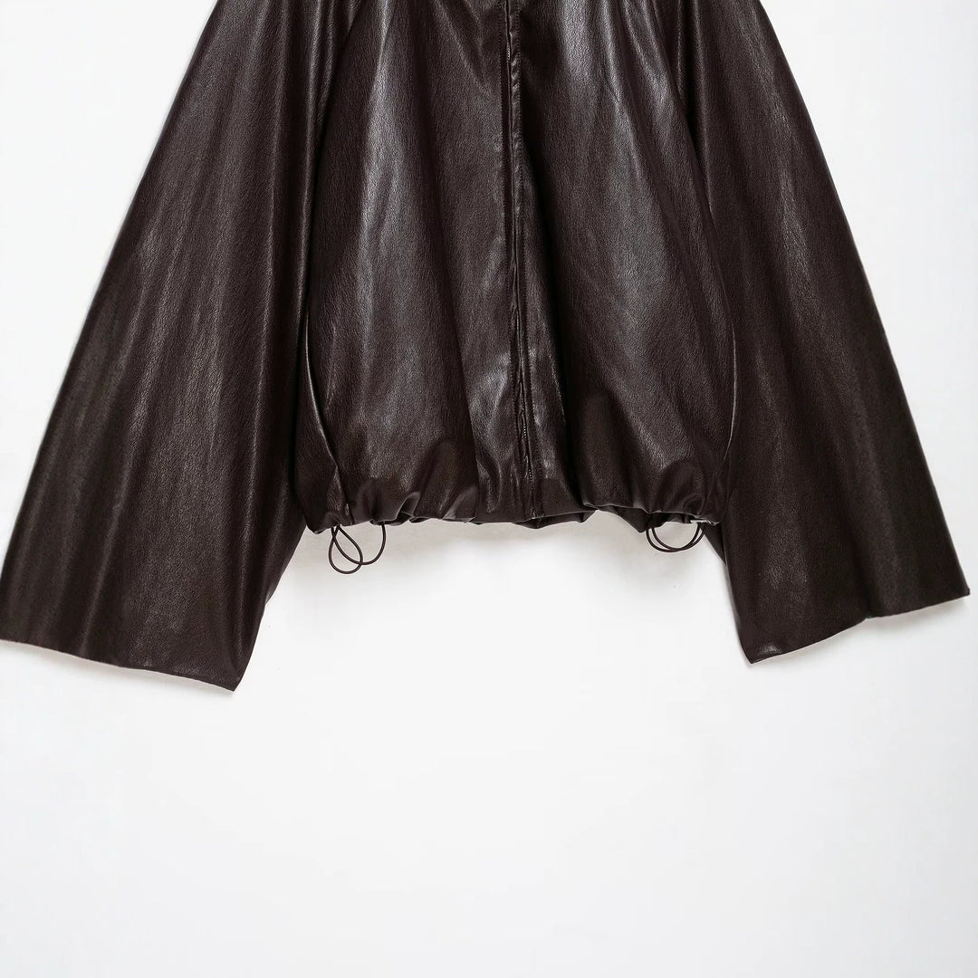 Women's Oversize Jacket in Leather Look with High Funnel Collar, Raglan Sleeves and Drawstring Hem Amarae