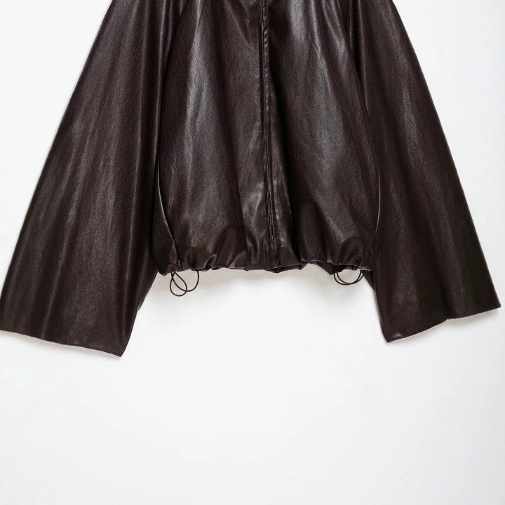 Women's Oversize Jacket in Leather Look with High Funnel Collar, Raglan Sleeves and Drawstring Hem Amarae