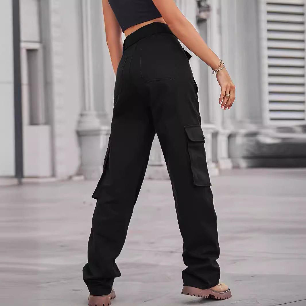 Ladies cargo pants with high waist, tie belt, and multiple flap pockets Amarae