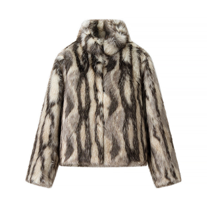 Women's Short Cut Faux Fur Jacket with Contrasting Spot Pattern and Stand Collar Amarae