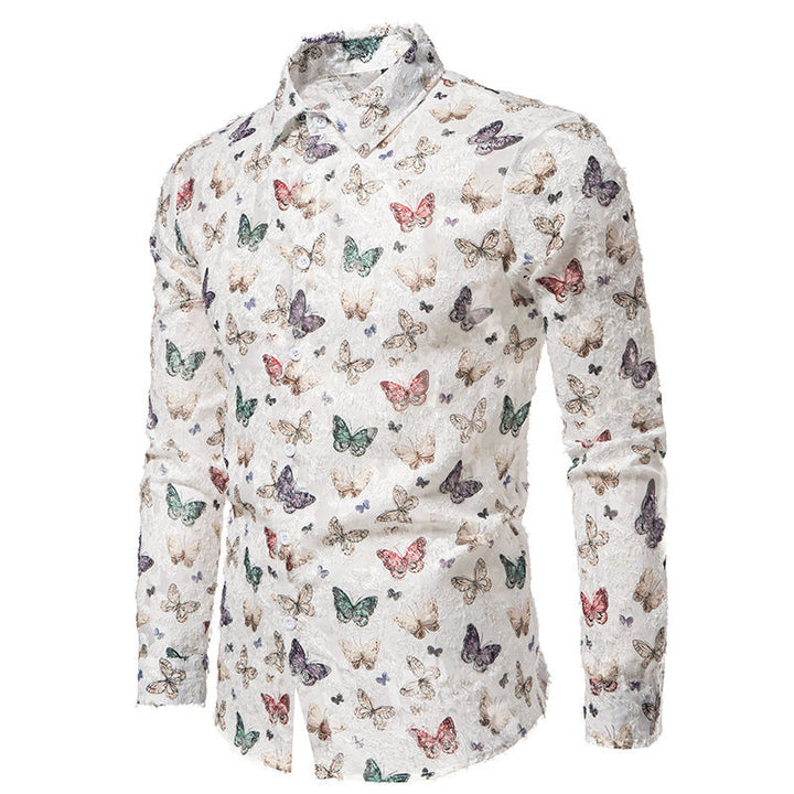 Men's Long Sleeve Shirt with an Eye-catching Butterfly Pattern and High-Quality Cotton Fabric Lune London