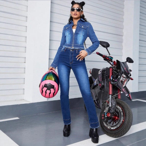 Women's cropped fitted denim jacket with zipper and raw hem Amarae
