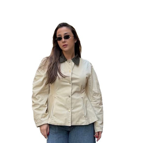 Women's fitted lightweight transition jacket with peplum and contrasting shirt collar Amarae